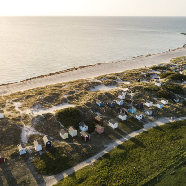 Skåne beach coastline and houses pictured from above